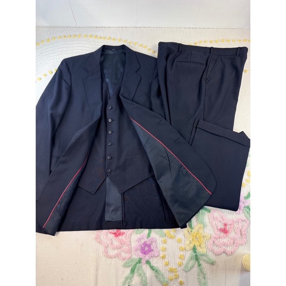 William Rogers Mens 3 Piece Suit Navy Blue Wool Blazer Vest Trousers USA Made